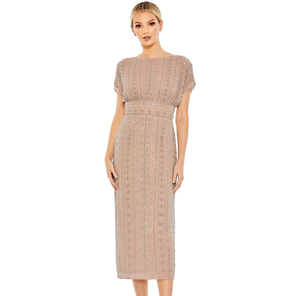 NWT Mac Duggal 93649 Dark Mocha Cap Sleeve Beaded Empire Waist Midi Dress